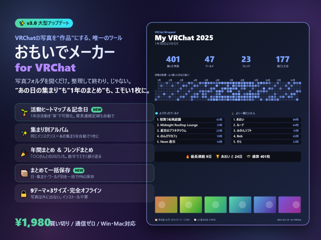 おもいでメーカー for VRChat｜写真から“振り返り画像”を自動生成（完全オフライン・インストール不要）