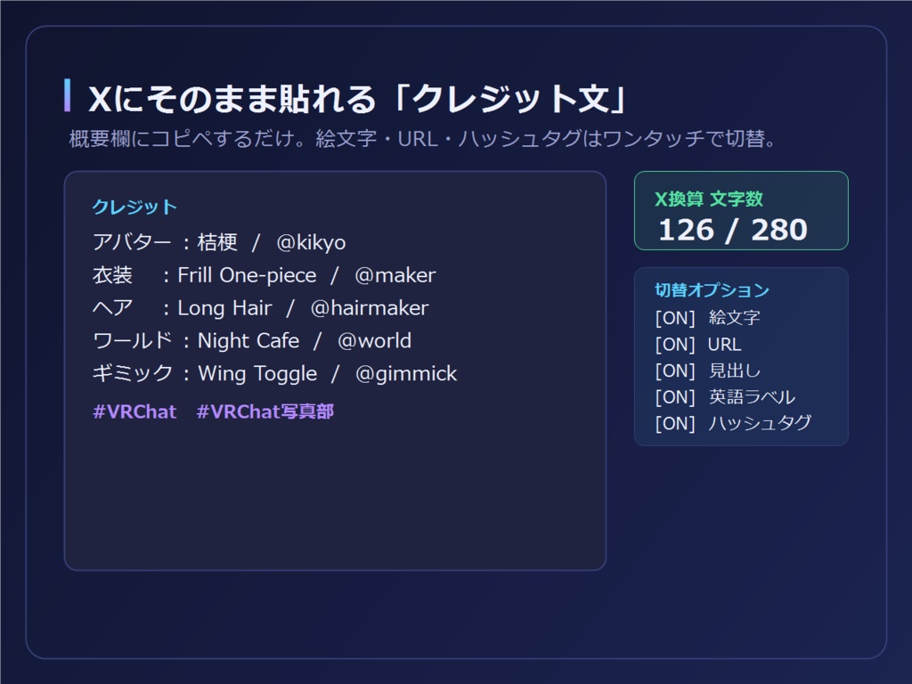 【VRChat】クレジットメーカー|写真投稿のクレジットを一発作成(テキスト&画像)