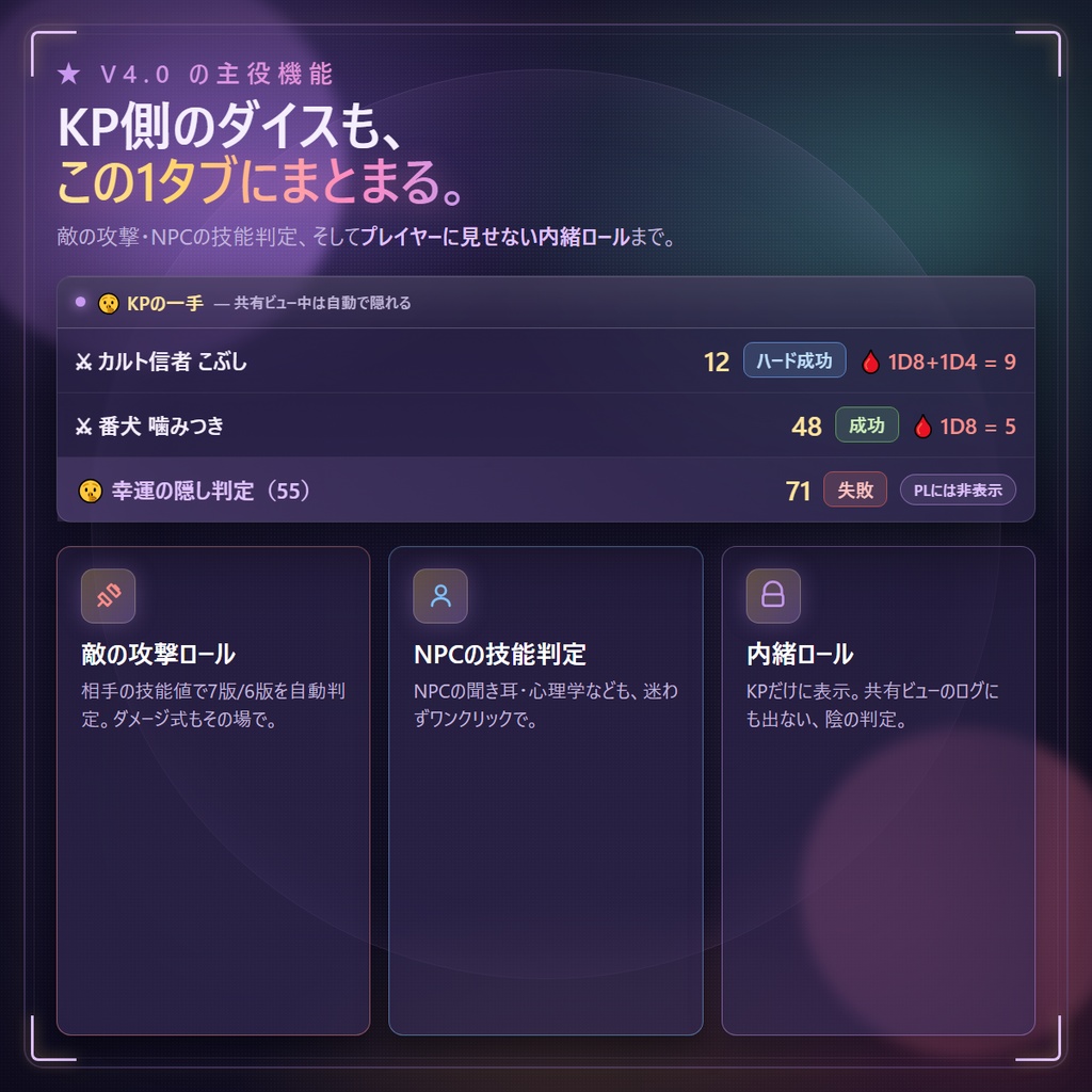 KPデスク v4.0|クトゥルフ神話TRPG キーパー用 卓上進行ツール ─ 敵の攻撃も内緒ロールもワンクリック【完全オフライン・買い切り】