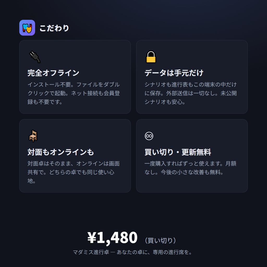 マダミス進行卓 ─ マーダーミステリーGM進行支援ツール(盤面いらず・完全オフライン)