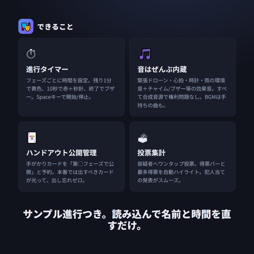 マダミス進行卓 ─ マーダーミステリーGM進行支援ツール(盤面いらず・完全オフライン)