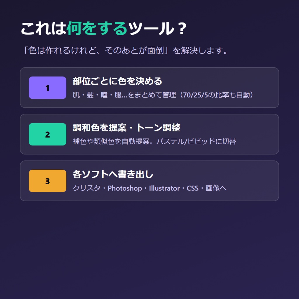 配色パレットスタジオ ― キャラの配色を、作って・保存して・各ソフトへ書き出す