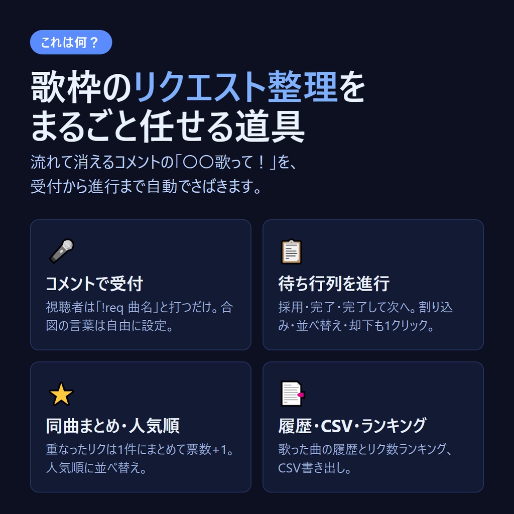 歌リクボード — 視聴者の歌リクを待ち行列にして回す配信ツール(わんコメ連携/OBS)