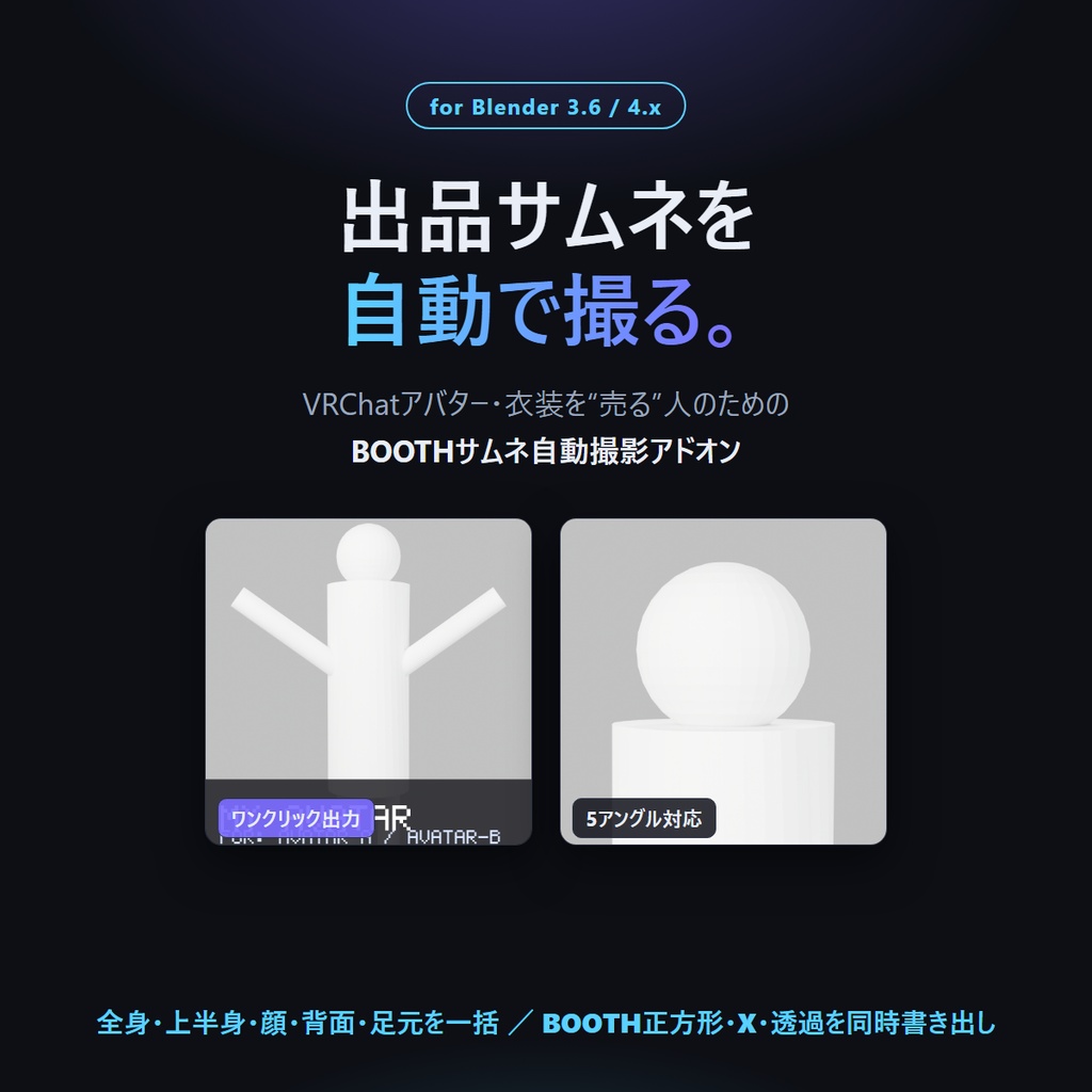 VRC ショーケース | VRChatアバター・衣装の出品サムネ自動撮影アドオン【Blender】