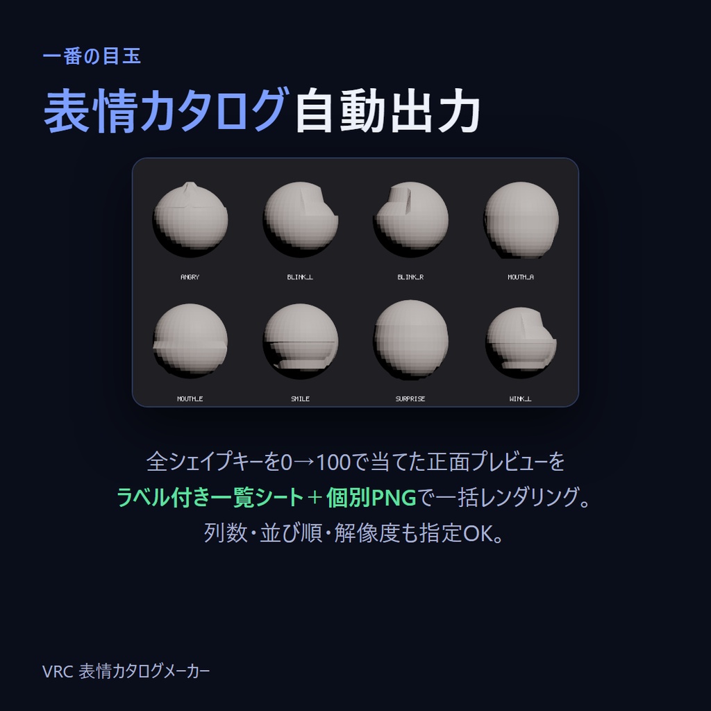 VRC 表情カタログメーカー|表情シェイプキーを検品&一覧画像化するBlenderアドオン