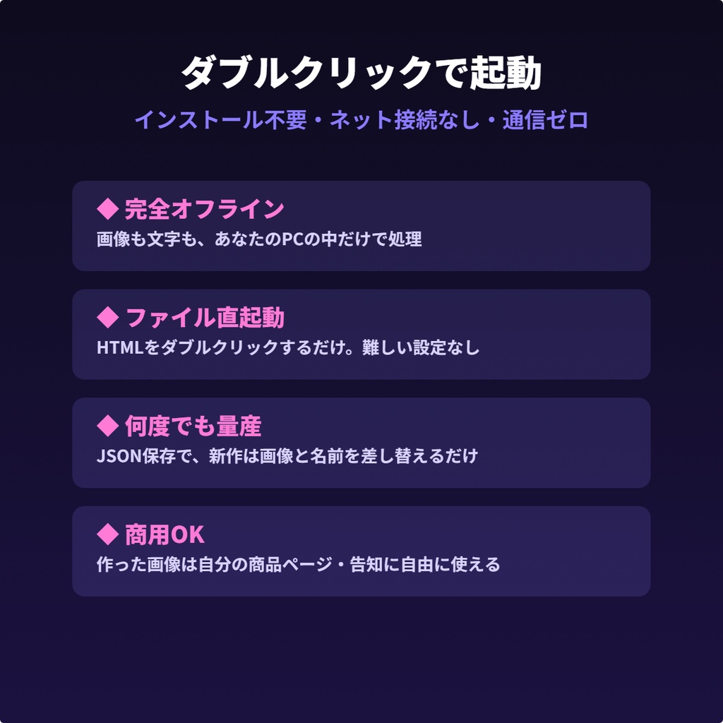 VRChat サムネ/お品書きスタジオ|撮った1枚からBOOTHサムネ・X告知・お品書きを一括作成【完全オフライン】