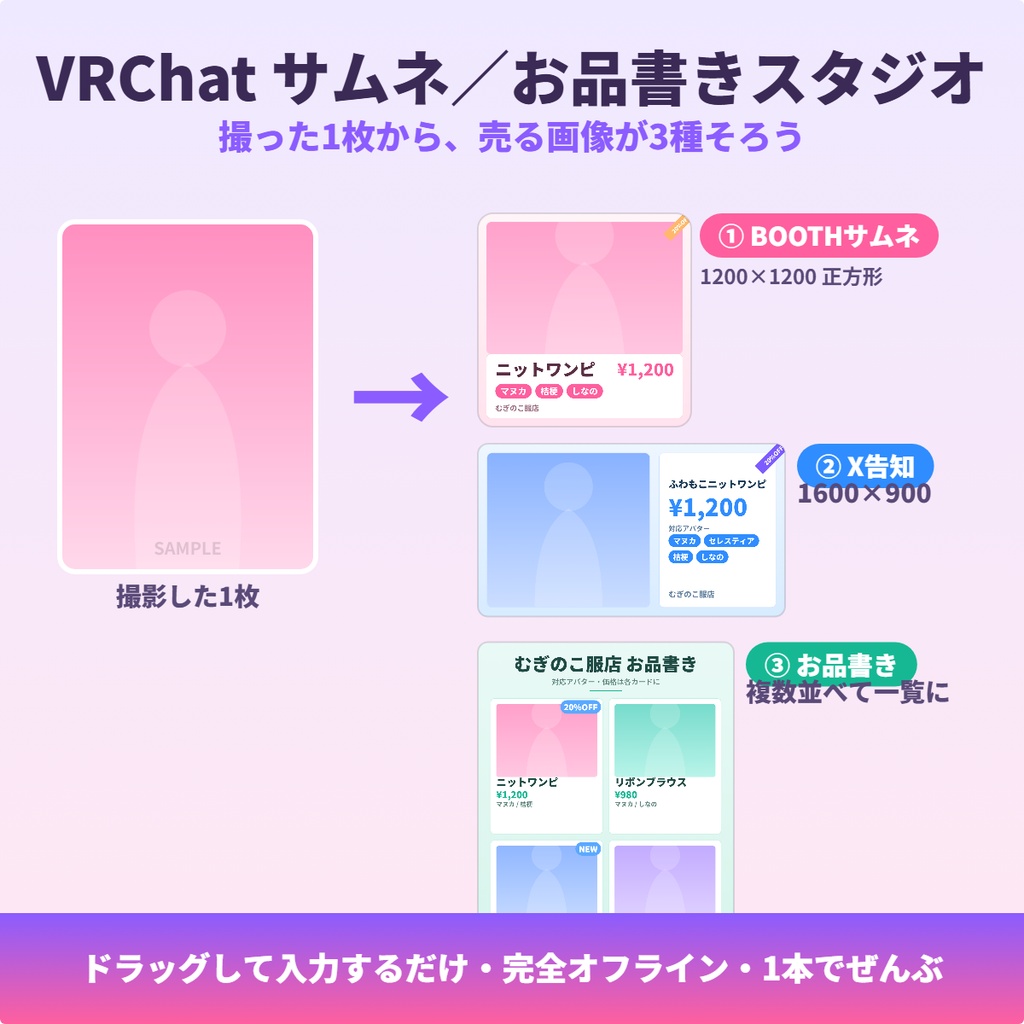 VRChat サムネ/お品書きスタジオ|撮った1枚からBOOTHサムネ・X告知・お品書きを一括作成【完全オフライン】
