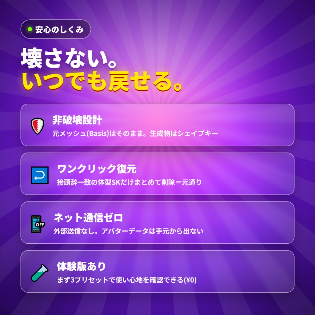 体型シェイプキー ジェネレーター for VRChat |体型レシピで“理想体型”を別アバターにもワンクリック再現/痩せ・胸・くびれ20種をスライダーで混ぜて保存+衣装へ自動転送(Blenderアドオン)v4.0