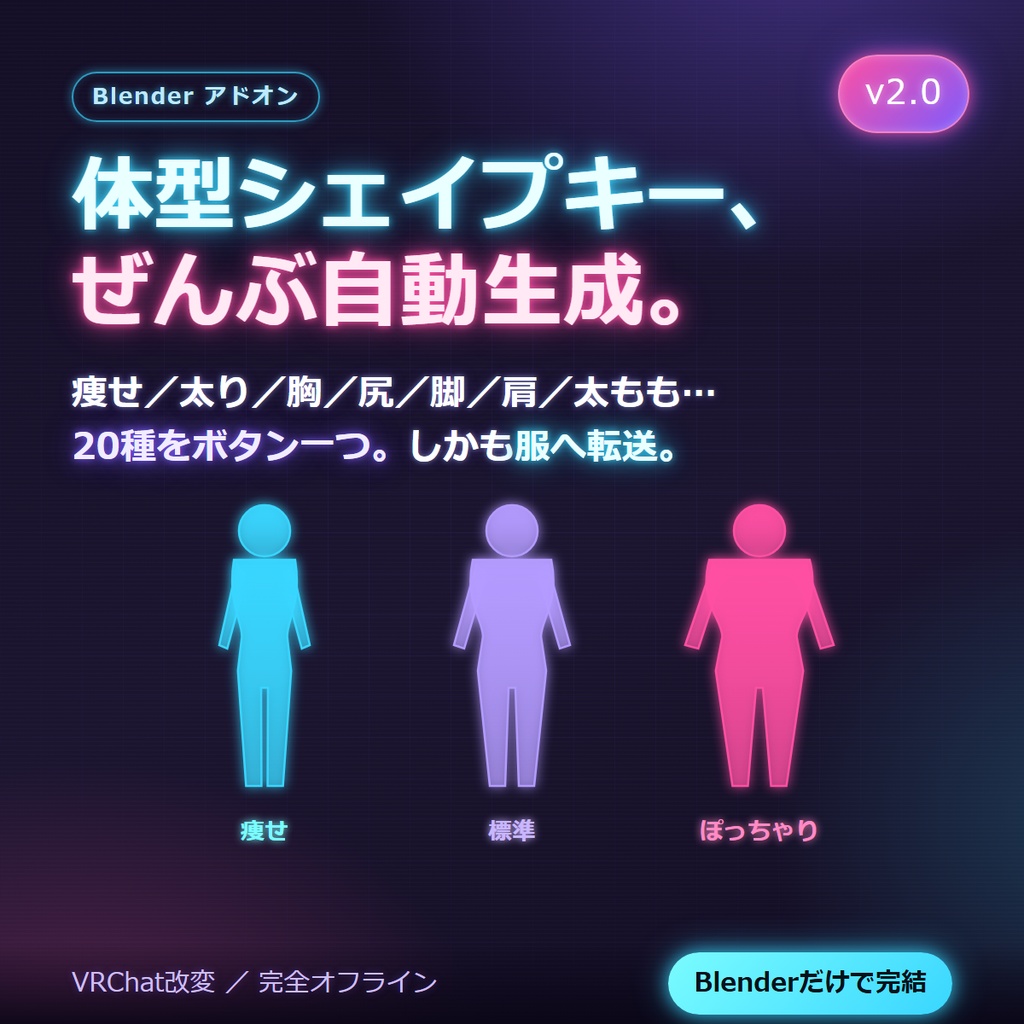 【無料体験版あり】体型シェイプキー ジェネレーター for VRChat ｜痩せ・太り・筋肉・胸・尻・脚・腕・肩・太もも・ふくらはぎ・身長を20種一括生成＋衣装へ自動転送（Blenderアドオン）