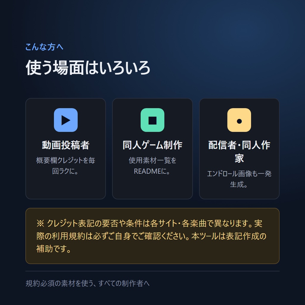 BGM/効果音 クレジット一覧メーカー|概要欄・エンドロール画像・READMEを入力だけで自動生成【完全オフライン】