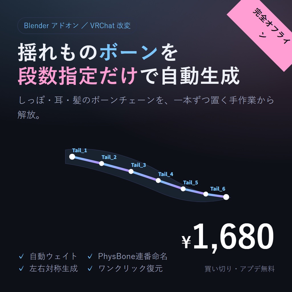 【VRC 揺れものボーンチェーン生成】しっぽ・耳・髪のボーンを、段数を指定するだけで自動生成(Blenderアドオン)