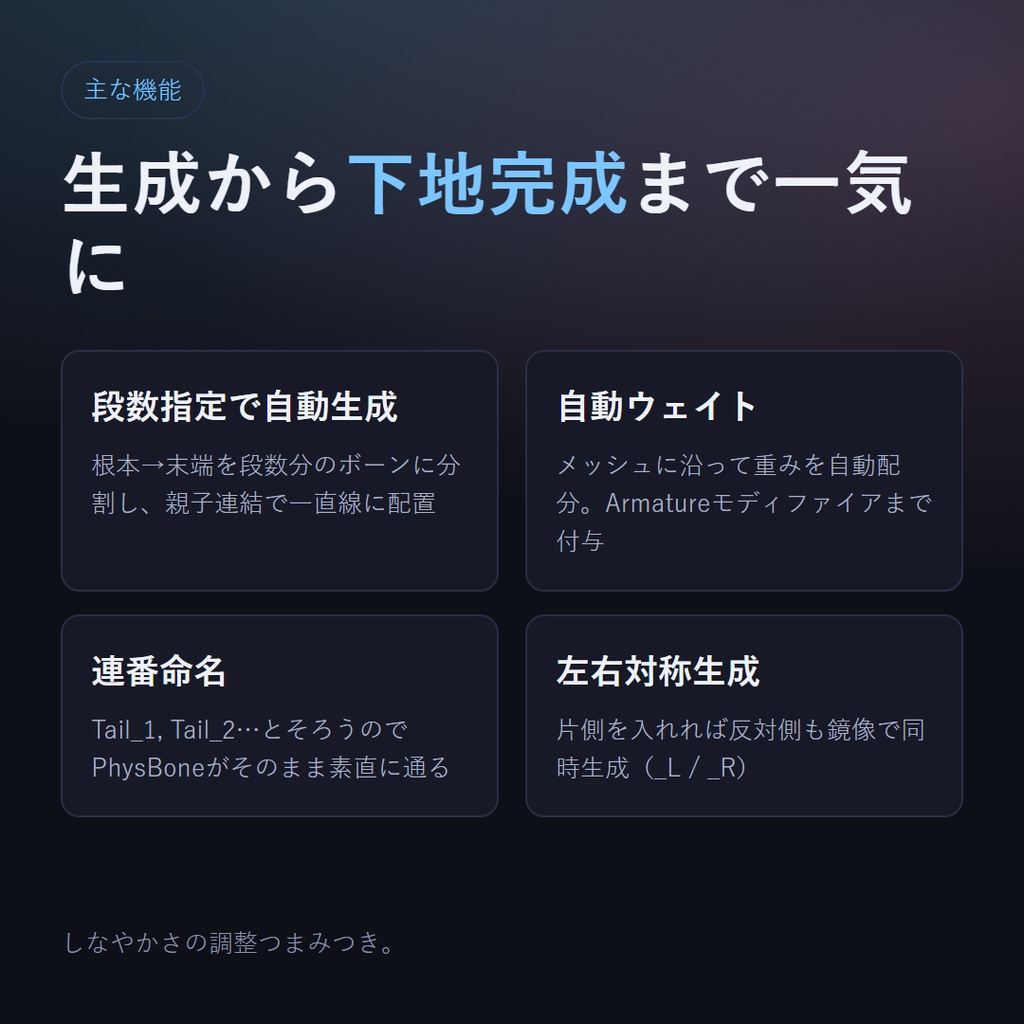 【VRC 揺れものボーンチェーン生成】しっぽ・耳・髪のボーンを、段数を指定するだけで自動生成(Blenderアドオン)