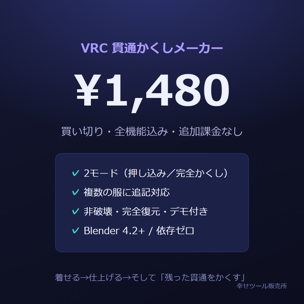 VRC 貫通かくしメーカー|服からはみ出す素体をワンクリックで自動かくし【Blenderアドオン / 非破壊・完全復元】