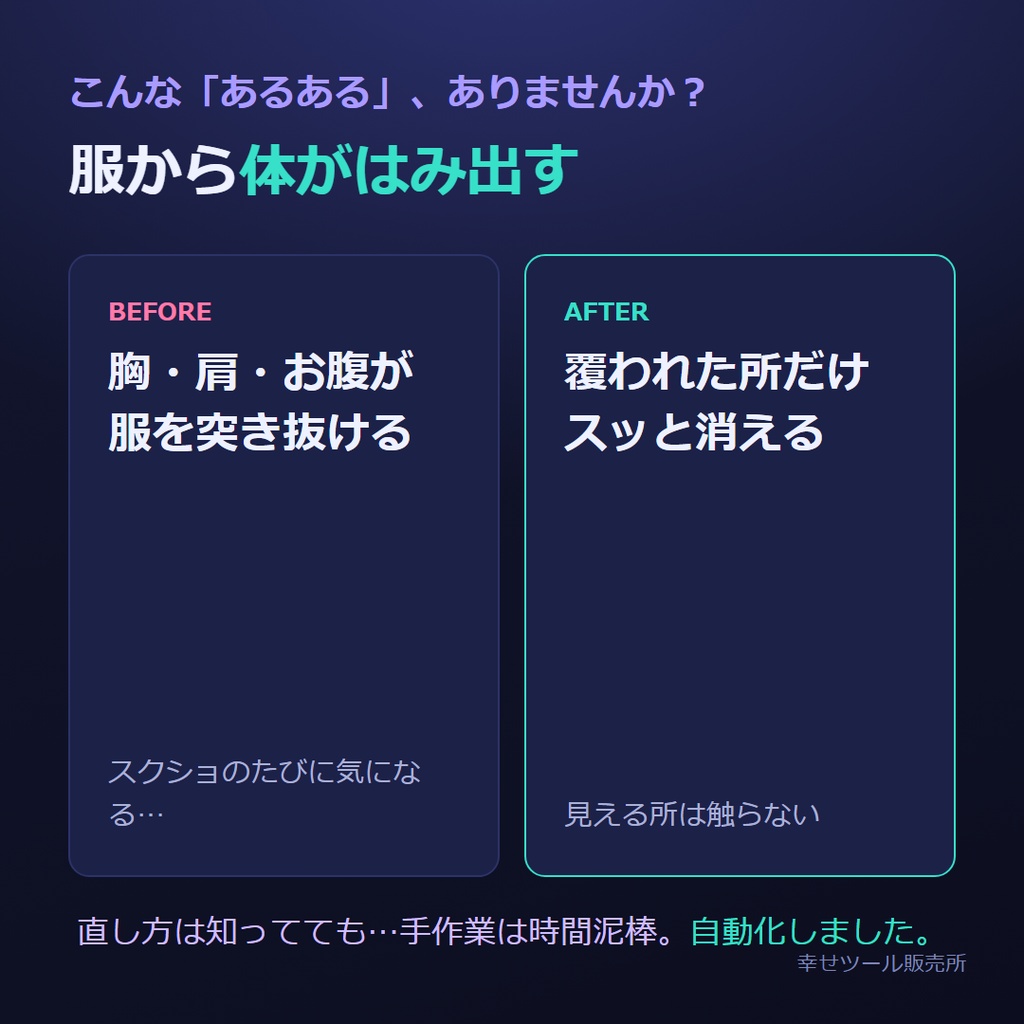 VRC 貫通かくしメーカー|服からはみ出す素体をワンクリックで自動かくし【Blenderアドオン / 非破壊・完全復元】