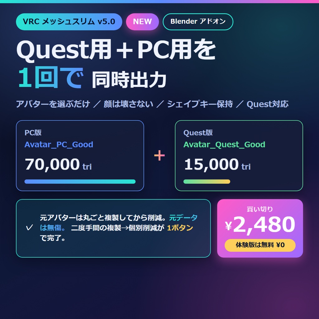 VRC メッシュスリム v5.0 — 表情(シェイプキー)を壊さずポリゴン削減。Quest用とPC用を1ボタンでまとめて書き出し