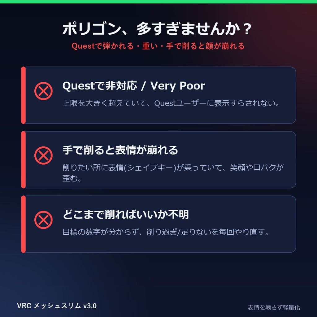 VRC メッシュスリム | ランクを選ぶだけで、表情(シェイプキー)を壊さずにアバターを自動で軽量化するBlenderアドオン