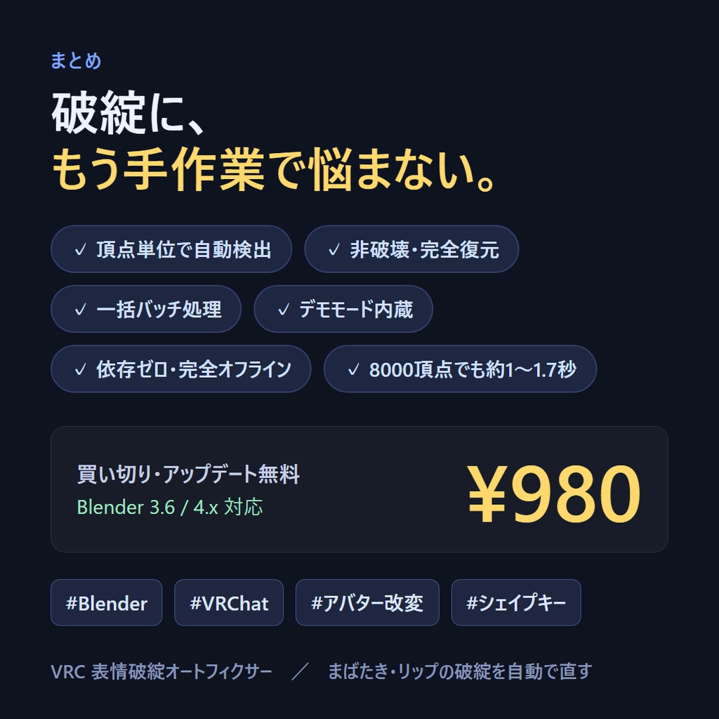 VRC 表情破綻オートフィクサー | まばたき/リップの破綻を頂点単位で自動検出&非破壊補正(Blenderアドオン)
