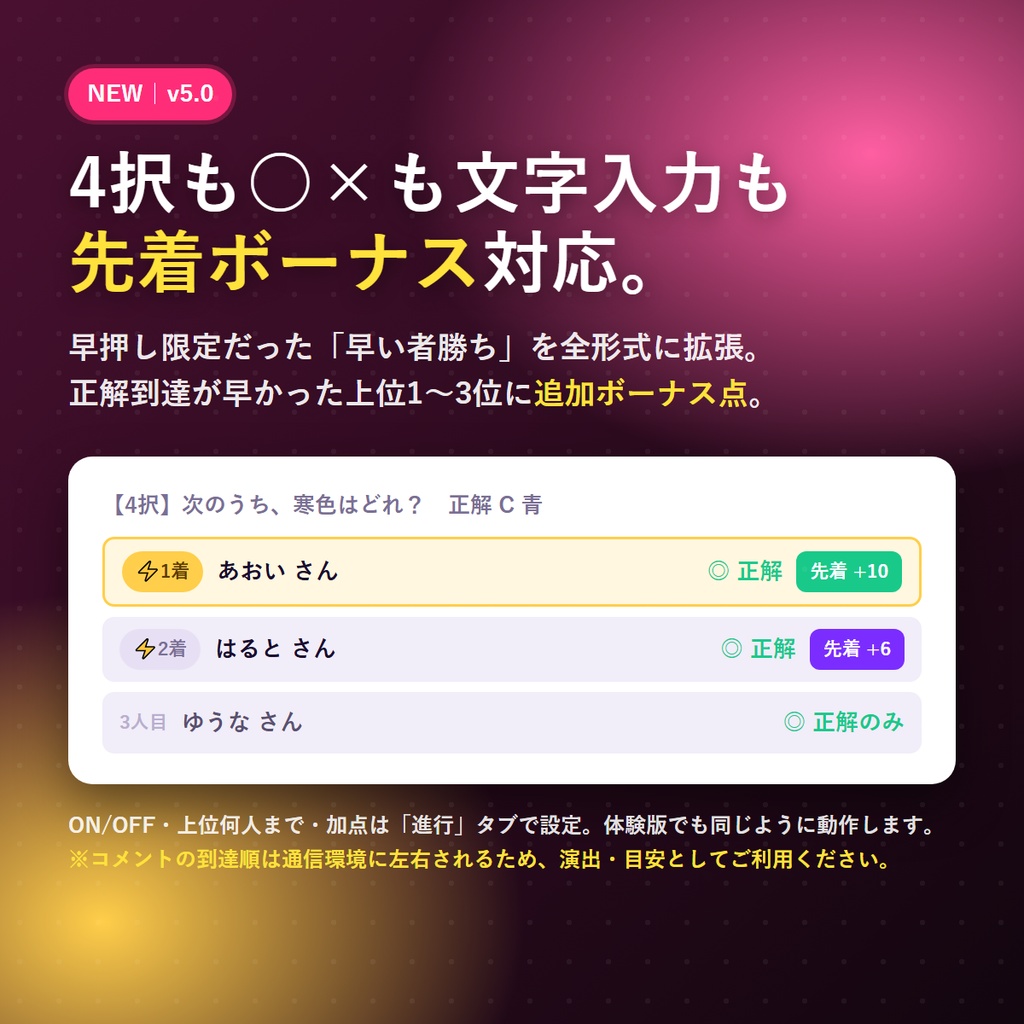 配信クイズ大会メーカー v5.0|コメントで“全員参加”クイズ大会が配信できる(トーナメント(勝ち抜き戦)モード/全形式共通の先着ボーナス/景品抽選演出/わんコメ連携で自動採点・出題→採点→順位まで全部入り・OBS結果オーバーレイ同梱)