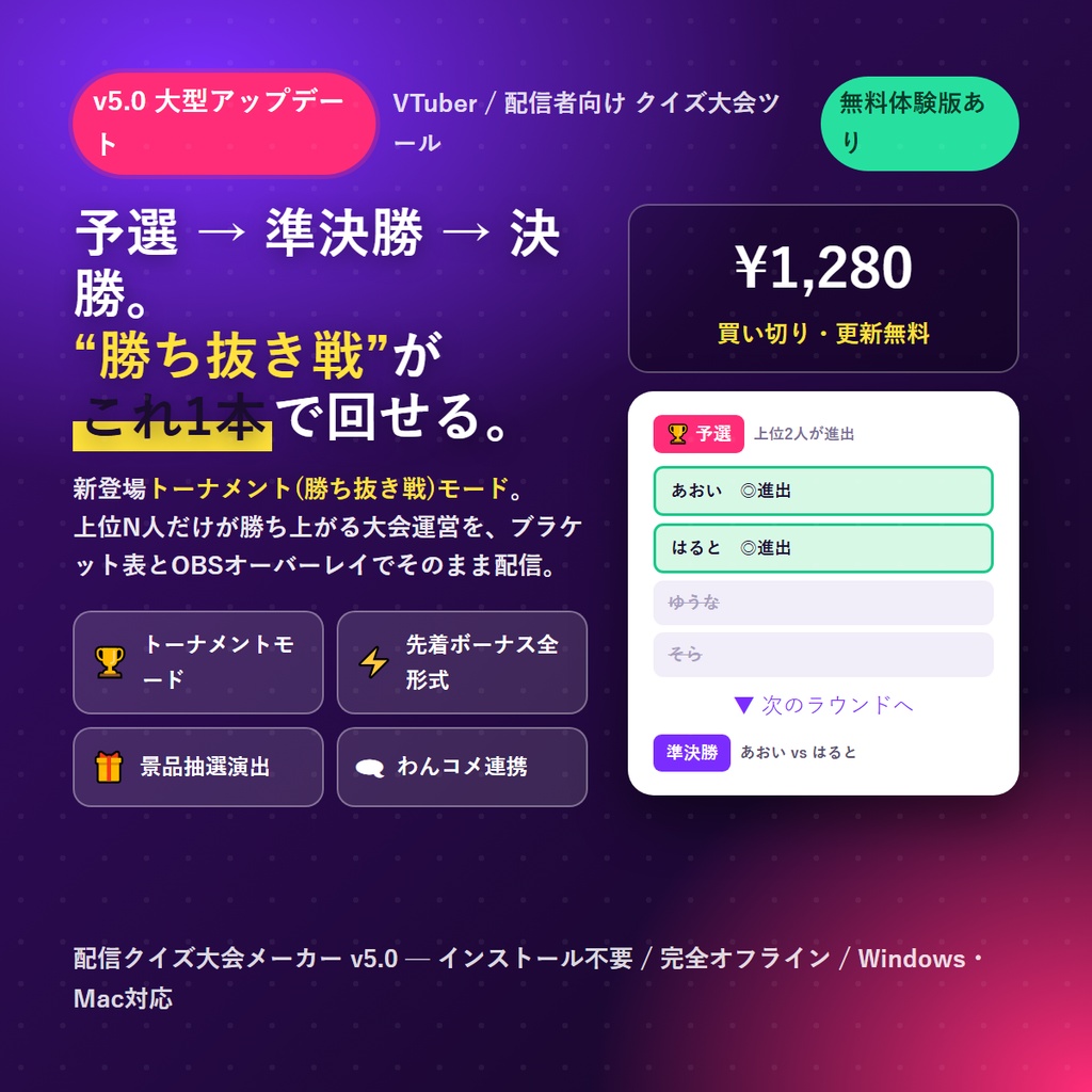 配信クイズ大会メーカー v5.0|コメントで“全員参加”クイズ大会が配信できる(トーナメント(勝ち抜き戦)モード/全形式共通の先着ボーナス/景品抽選演出/わんコメ連携で自動採点・出題→採点→順位まで全部入り・OBS結果オーバーレイ同梱)