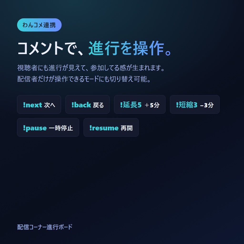 配信コーナー進行ボード|わんコメ連携・自動進行タイムキーパー(OBS常駐オーバーレイ)
