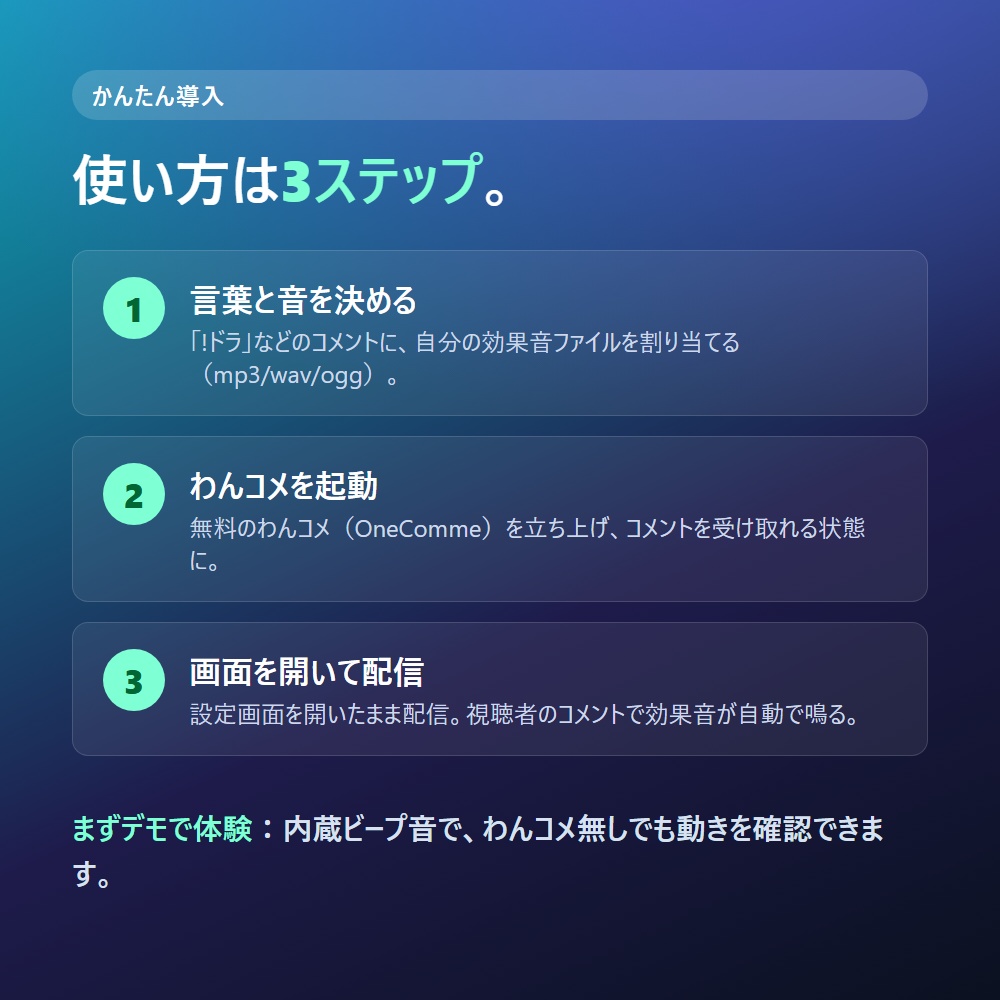 コメうちサウンド|視聴者のコメントで効果音が自動で鳴る サウンドボード(わんコメ連携/OBS)