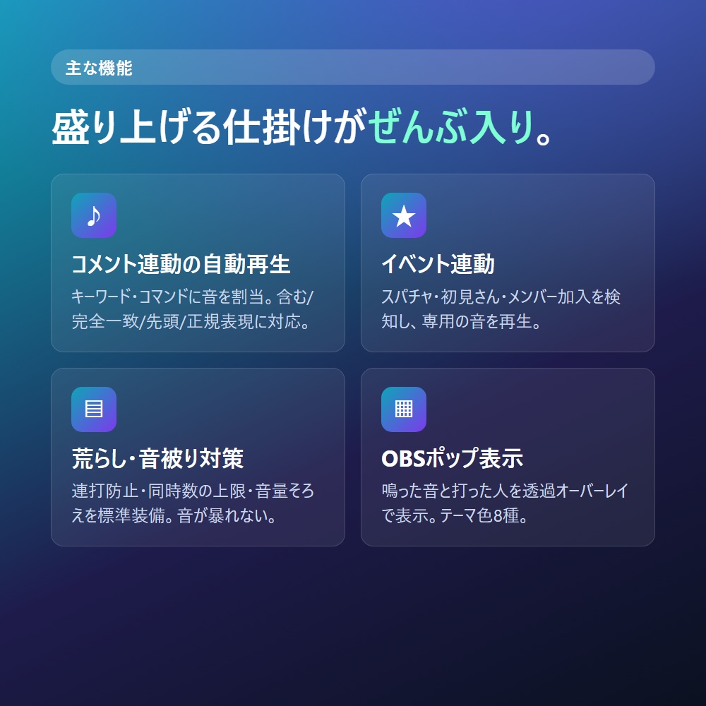 コメうちサウンド|視聴者のコメントで効果音が自動で鳴る サウンドボード(わんコメ連携/OBS)