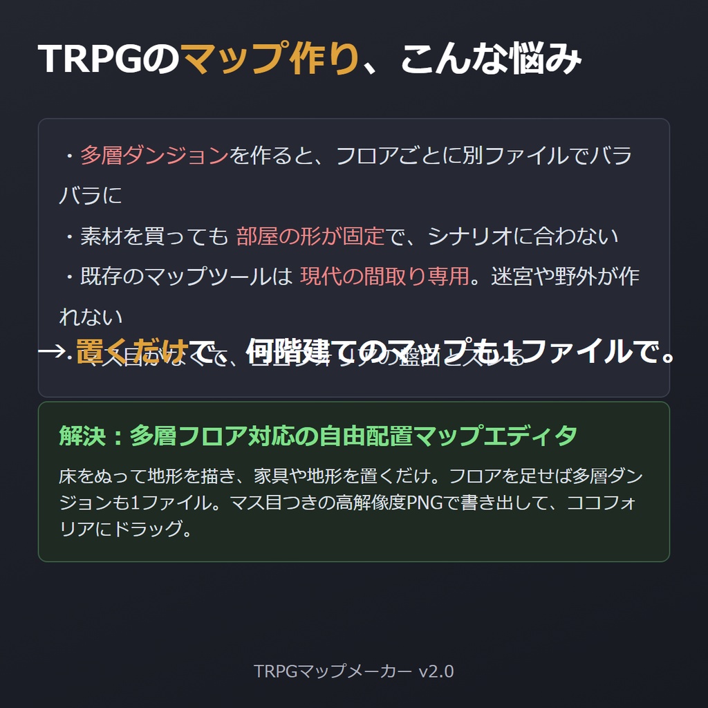TRPGマップメーカー|多層フロア対応・置くだけ・マス目つき・ココフォリア用PNG書き出し(完全オフライン)