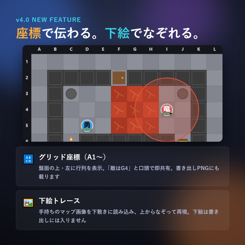 TRPGマップメーカー|多層フロア&コマ(HP/移動)・範囲(AoE)・座標対応・置くだけ・ココフォリア用PNG書き出し(完全オフライン)