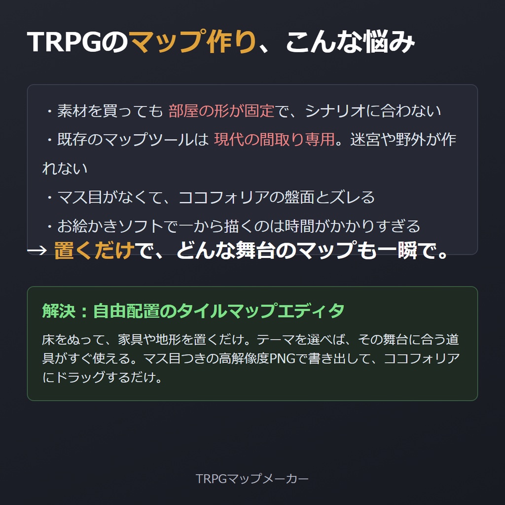 TRPGマップメーカー|置くだけ・マス目つき・ココフォリア用PNG書き出し(完全オフライン)
