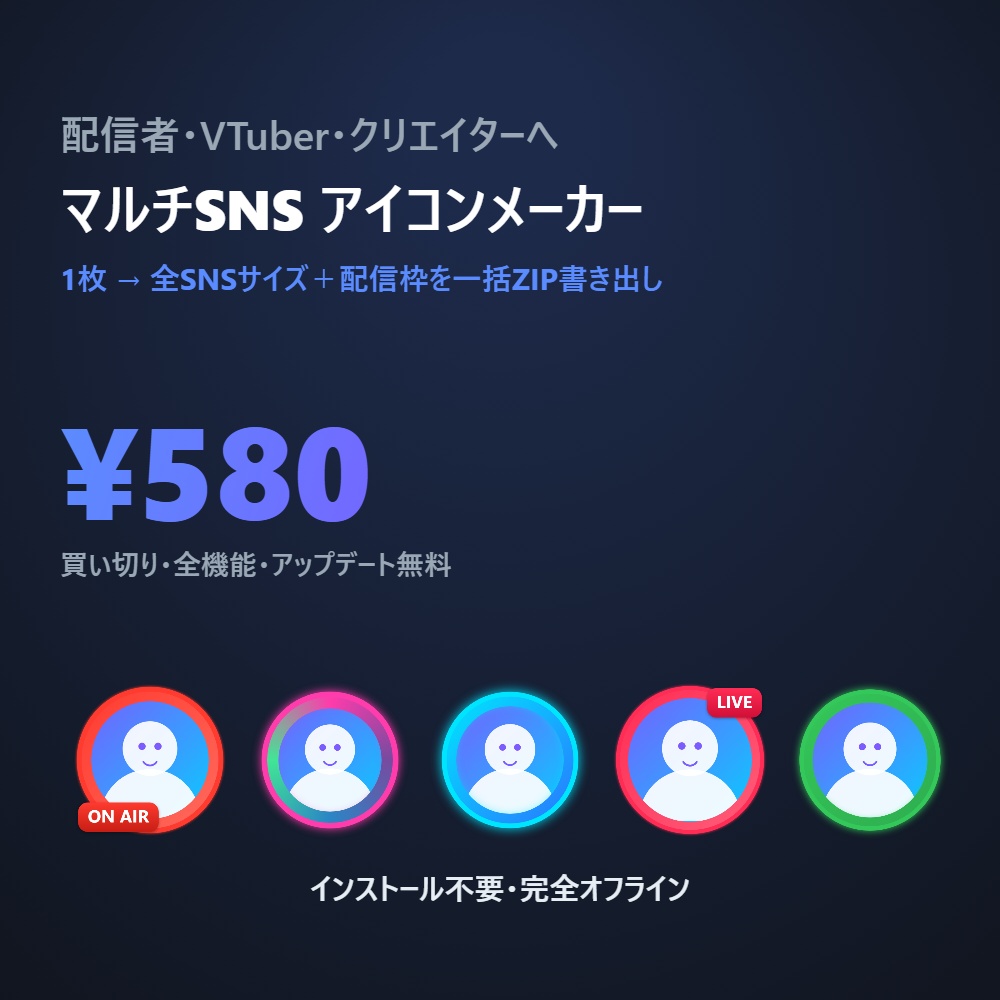 マルチSNSアイコンメーカー|1枚→全SNSサイズ+配信枠を一括ZIP書き出し