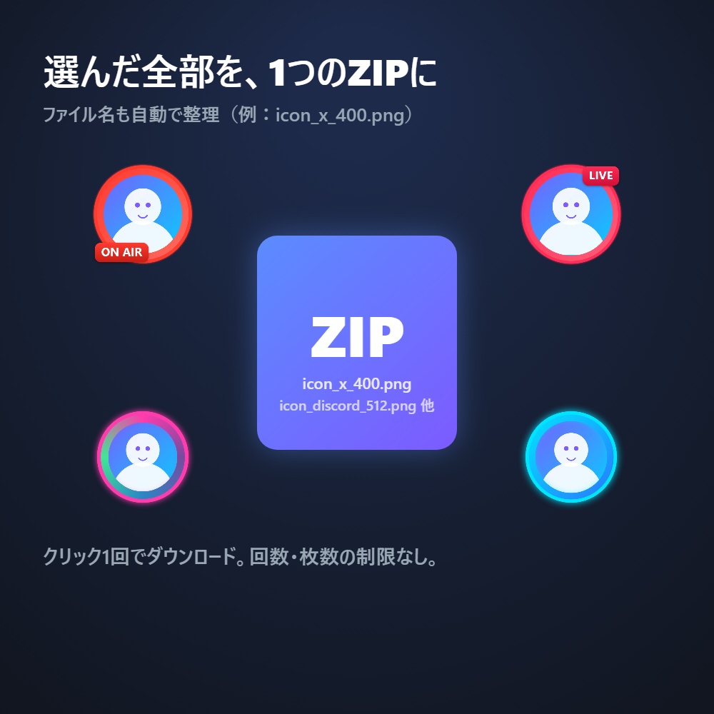 マルチSNSアイコンメーカー|1枚→全SNSサイズ+配信枠を一括ZIP書き出し