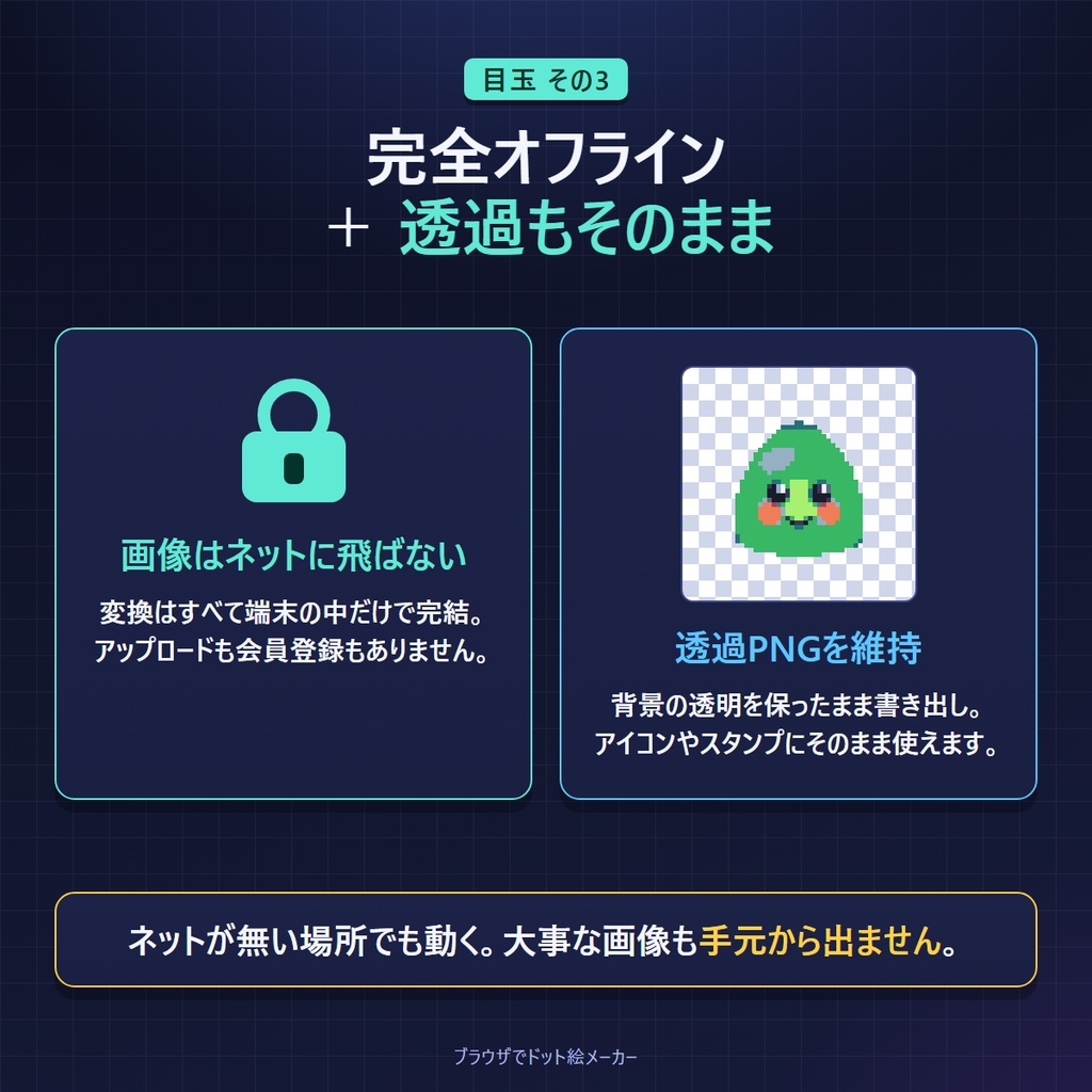 ブラウザでドット絵メーカー|手持ちの画像を1枚アップ → ドット絵に変換
