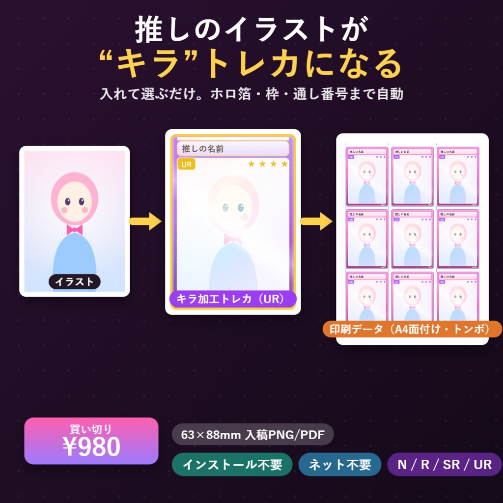 推しトレカ メーカー|推しのイラストを入れるだけ。キラ加工トレカが完成