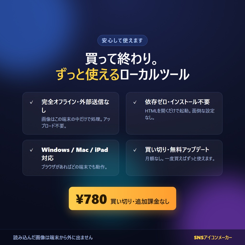 NSアイコンメーカー|自作絵を入れるだけで各SNSの丸アイコンを一括書き出し(配信枠8種+フレーム28種など装飾52種同梱/完全オフライン)