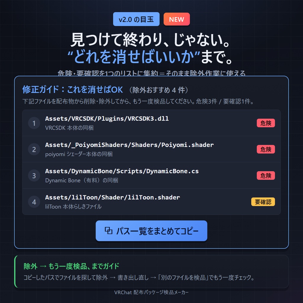VRChat 配布パッケージ検品メーカー v2.0|.unitypackageの同梱NGを出品前に自動チェック+「これを消せばOK」修正ガイド付き