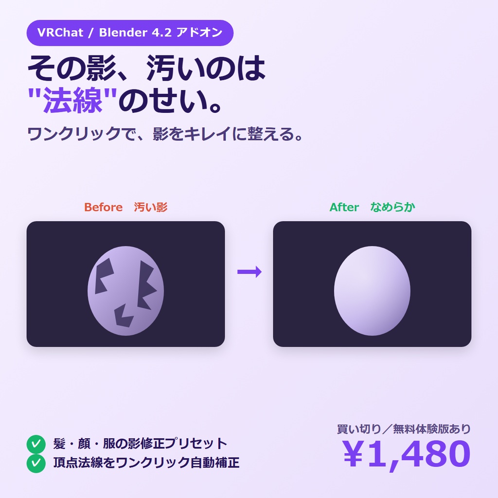 VRC ノーマルオートエディタ トゥーンアバターの「汚い影」を、頂点法線の自動補正でキレイにする Blender アドオン