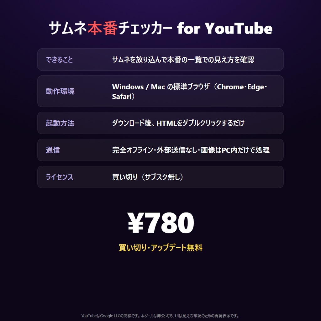 サムネ本番チェッカー for YouTube 作ったサムネが「本番で目立つか」を、投稿前に確認するツール