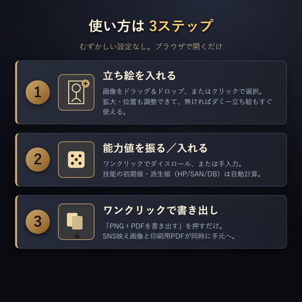 探索者カードメーカー ― 立ち絵入りキャラシ画像&印刷シートを一発書き出し