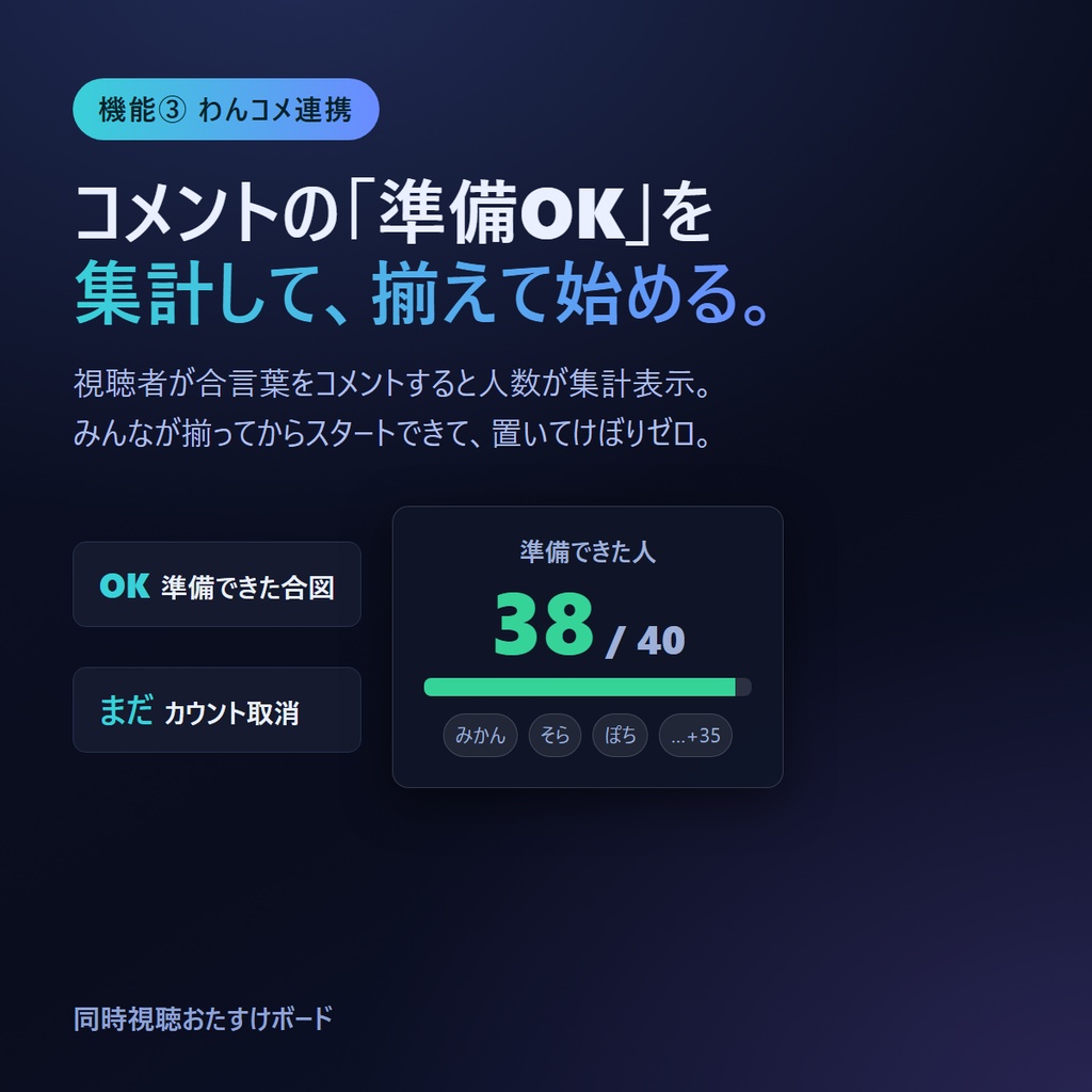同時視聴おたすけボード | せーので再生、を1画面で(わんコメ連携・OBS常駐/著作権ガイド同梱)