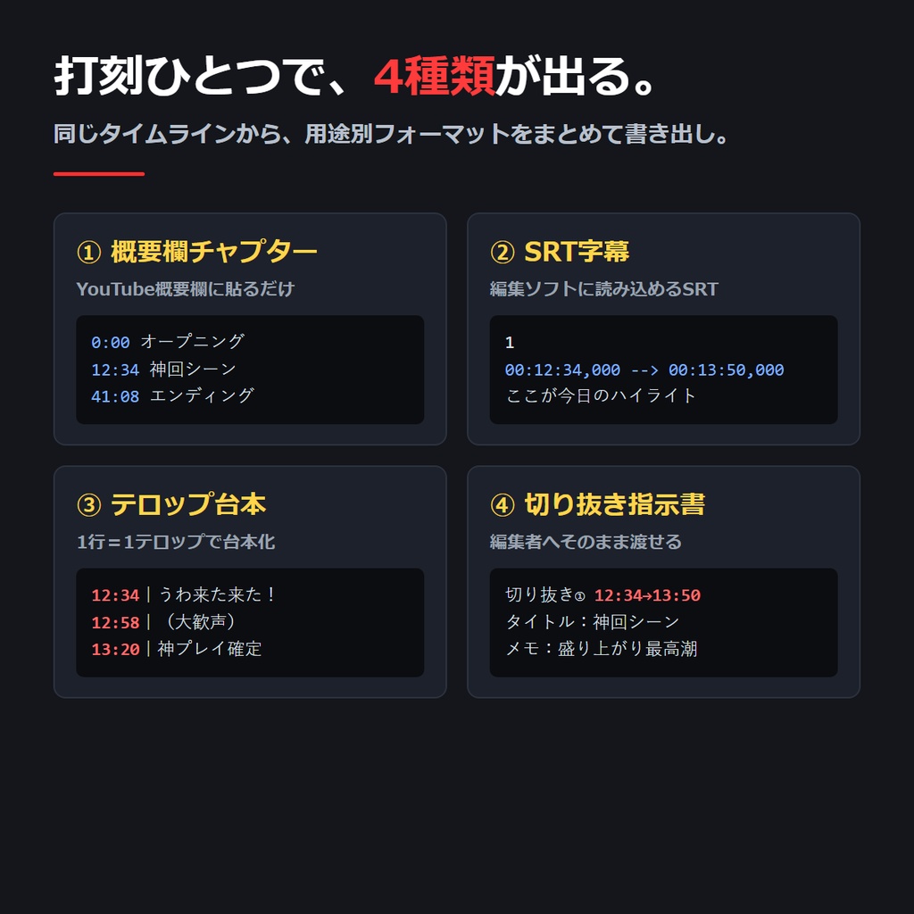 配信切り抜き チャプター&テロップ台本ビルダー|YouTube概要欄チャプター・SRT字幕・編集者向け指示書をワンクリック書き出し【完全オフライン・買い切り】