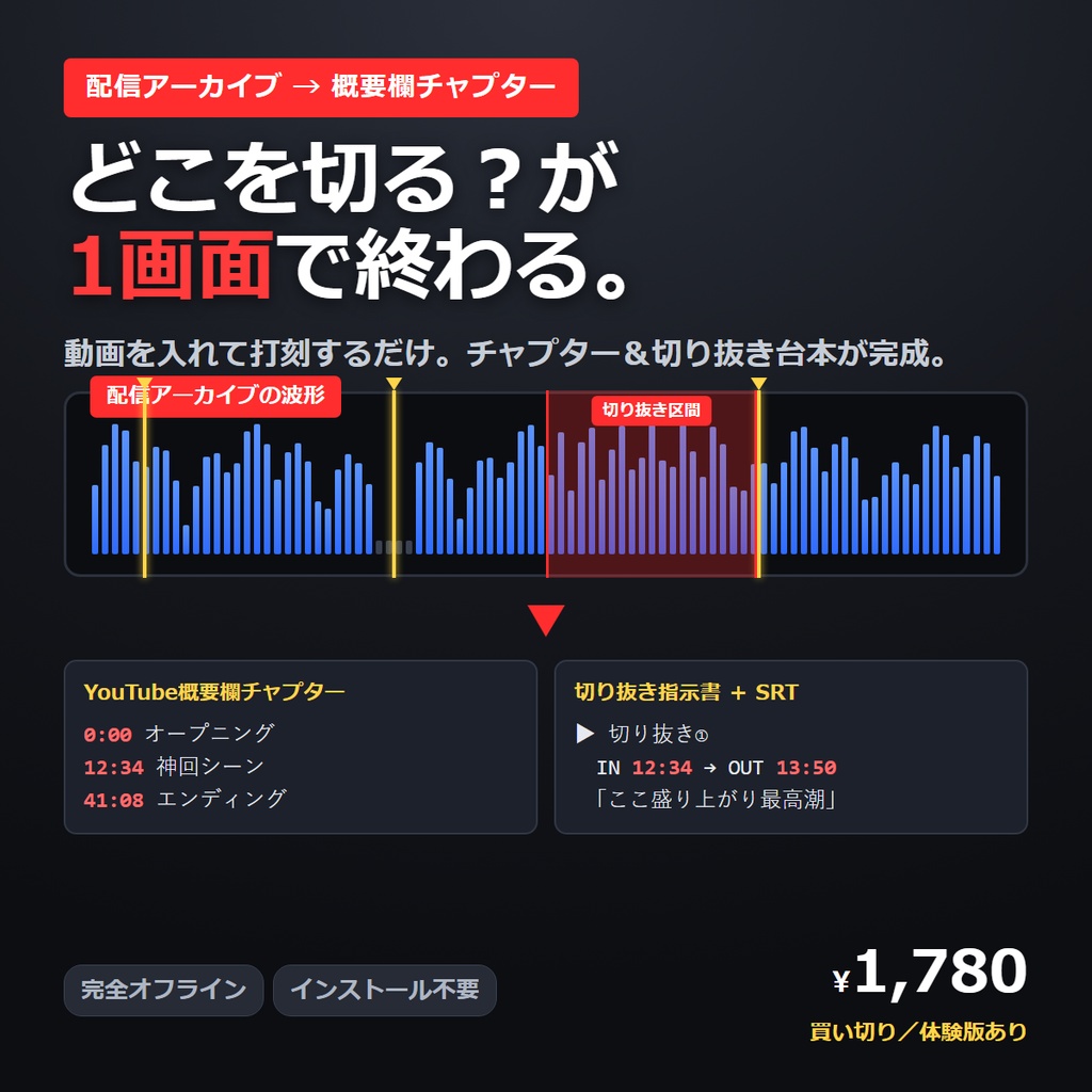 配信切り抜き チャプター＆テロップ台本ビルダー｜YouTube概要欄チャプター・SRT字幕・編集者向け指示書をワンクリック書き出し【完全オフライン・買い切り】