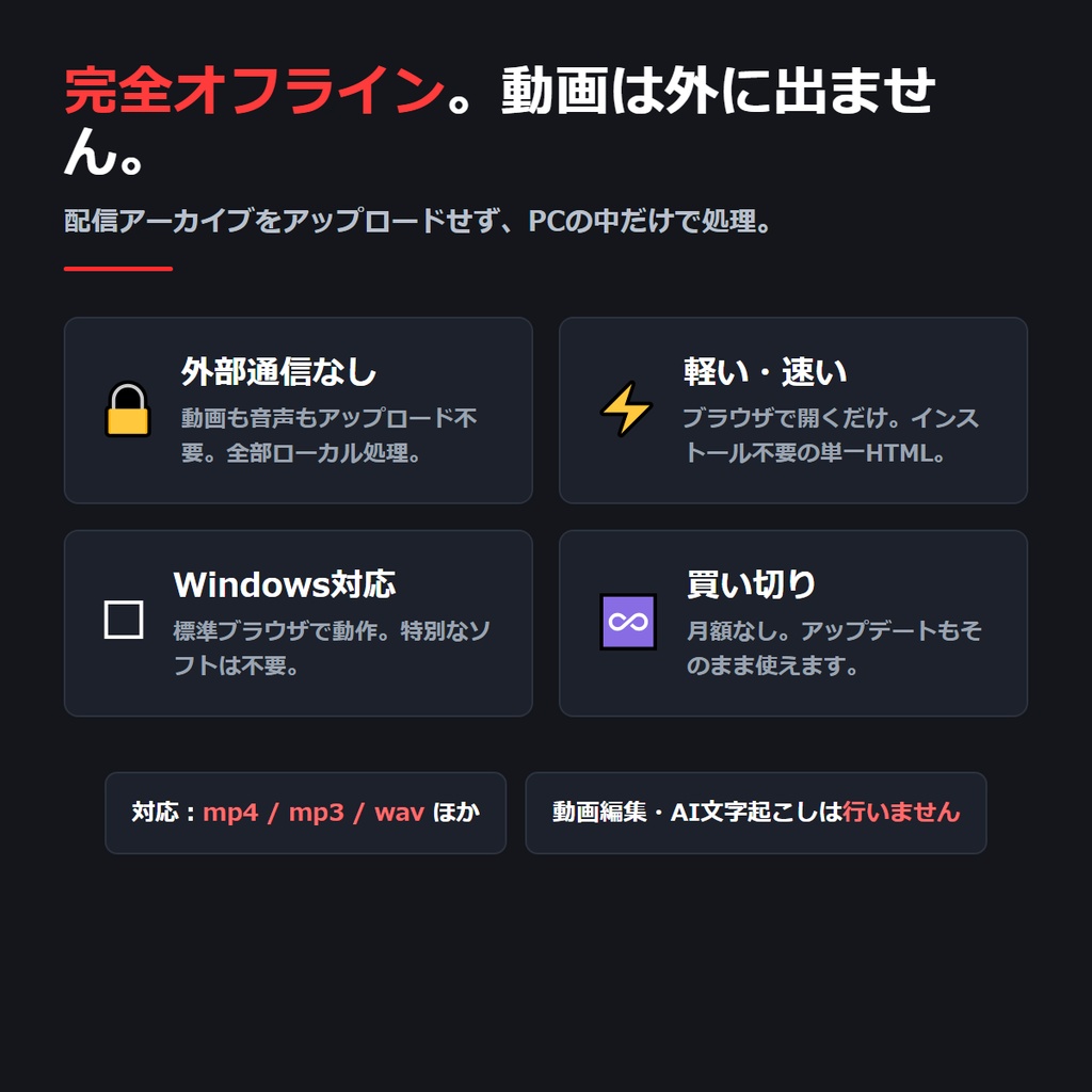 配信切り抜き チャプター&テロップ台本ビルダー|YouTube概要欄チャプター・SRT字幕・編集者向け指示書をワンクリック書き出し【完全オフライン・買い切り】
