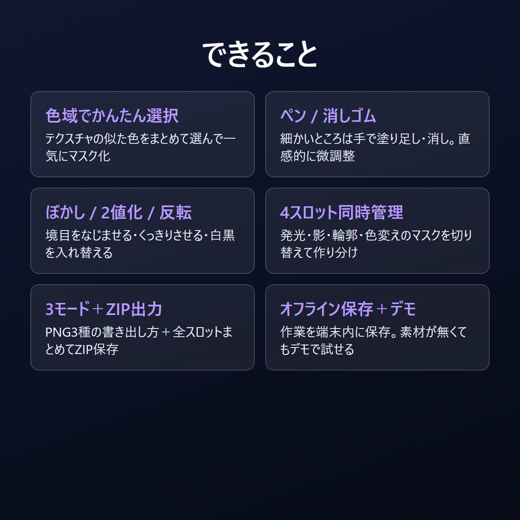 VRCテクスチャ マスク作成ツール(ブラウザ版) 発光・影・輪郭・色変えの「マスク画像」を、Unityを開かずブラウザだけで作る。