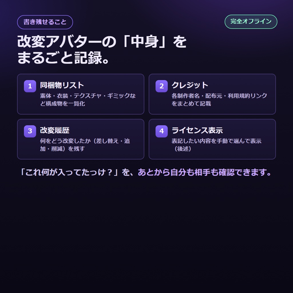 VRChat改変アバター向け 同梱物チェックリスト/セットアップ証明書メーカー|納品書&クレジット&改変履歴を1枚PNG+テキストで書き出し