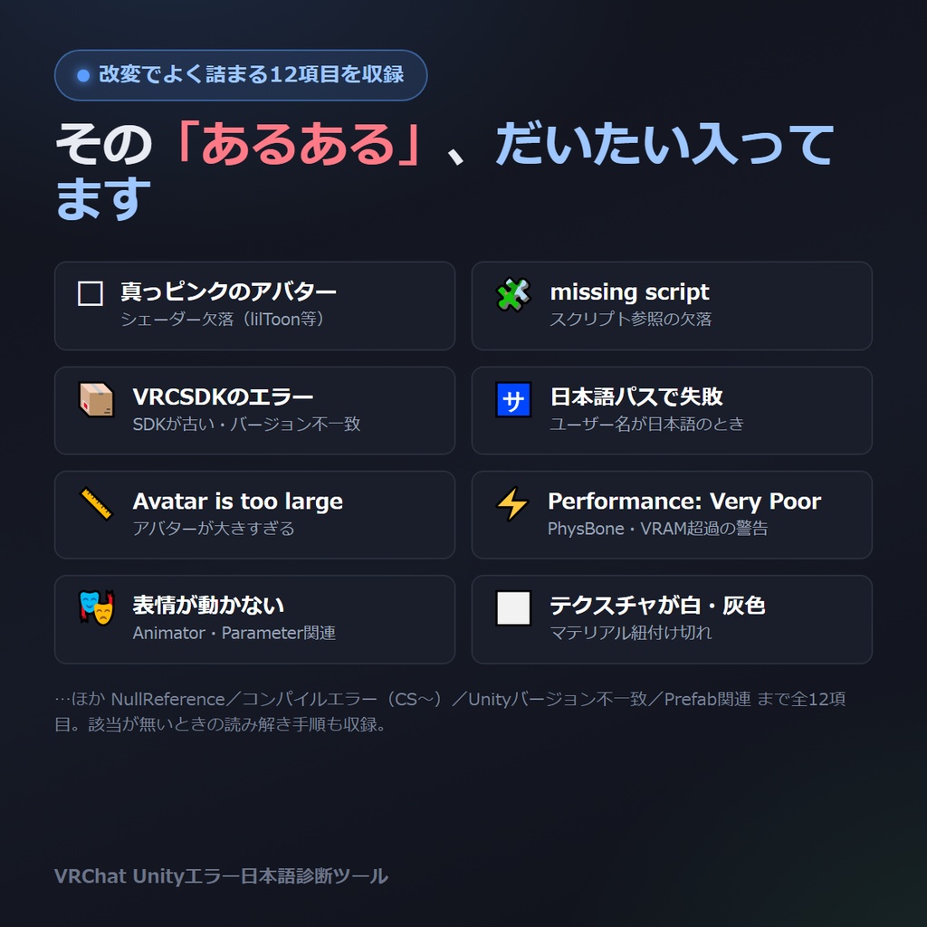 Unityエラー日本語診断ツール for VRChat(オフライン版)|英語のエラー文を貼ると日本語で原因と直し方