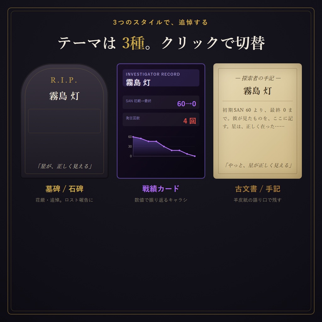探索者墓碑メーカー ― ロストした探索者を、追悼カードに刻む