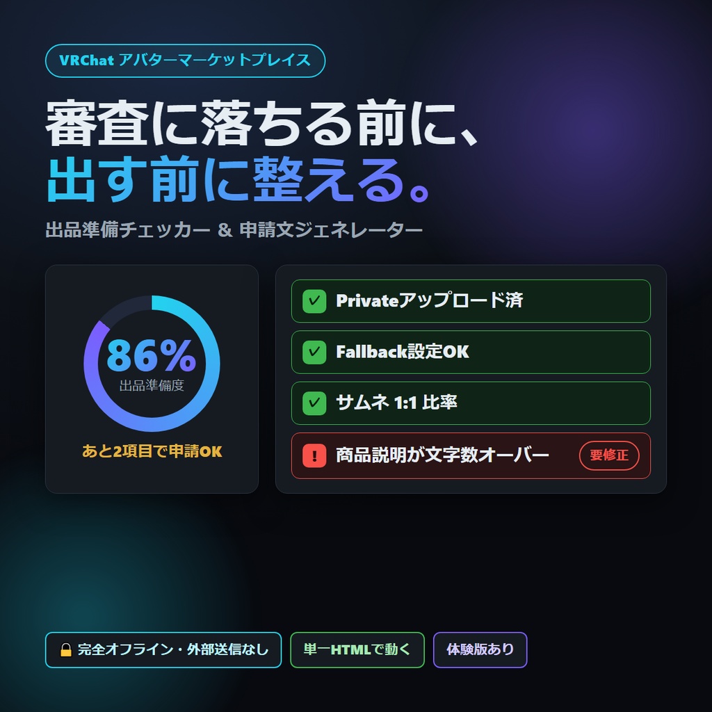 VRChat アバターマーケットプレイス 出品準備チェッカー&申請文ジェネレーター 7観点セルフ点検 完全オフライン v1.0