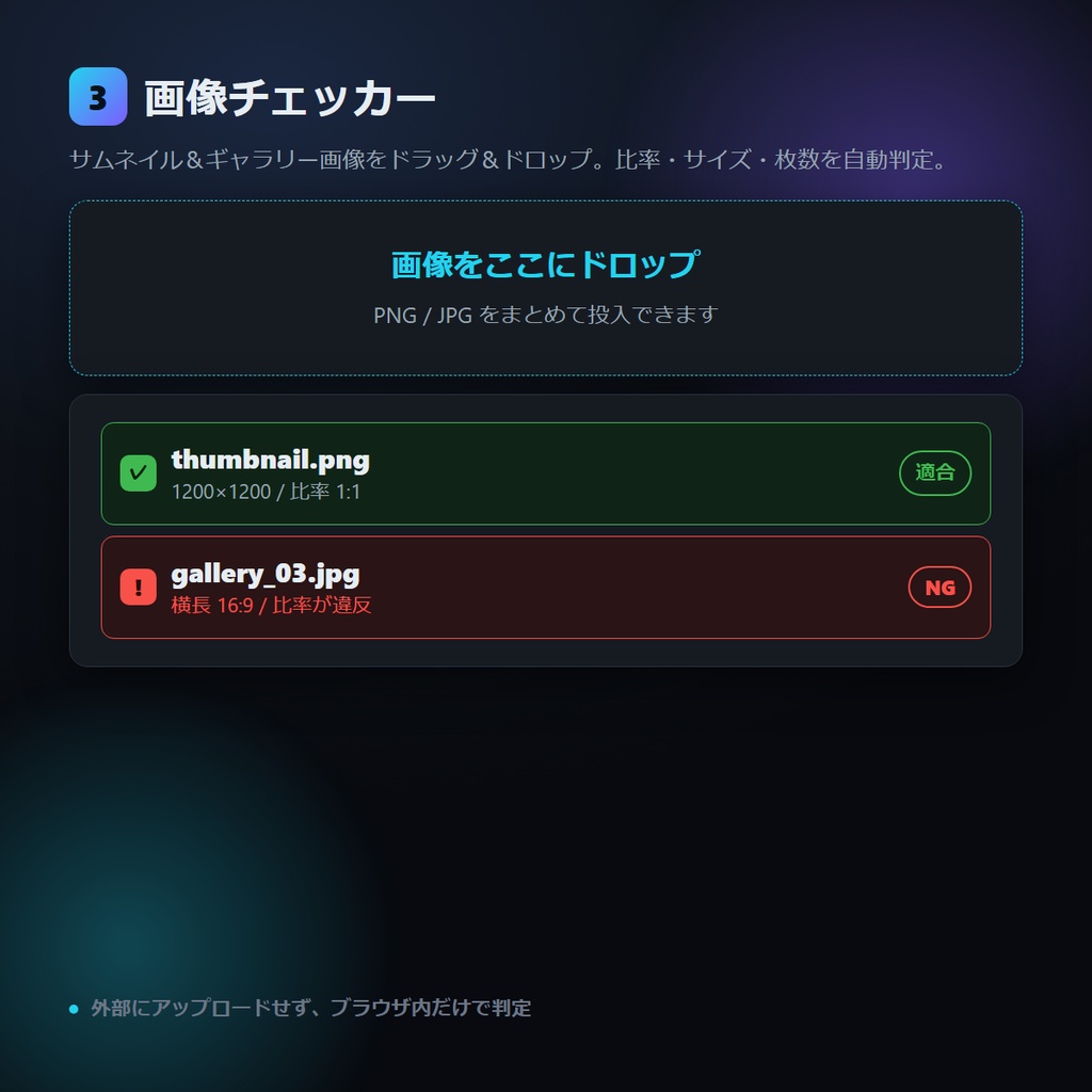 VRChat アバターマーケットプレイス 出品準備チェッカー&申請文ジェネレーター 7観点セルフ点検 完全オフライン v1.0