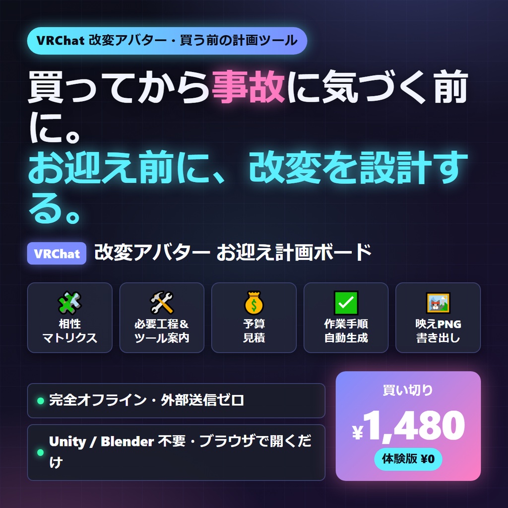 VRChat 改変アバター お迎え前に事故らない計画ボード 5機能 お迎え計画ボード v1.0