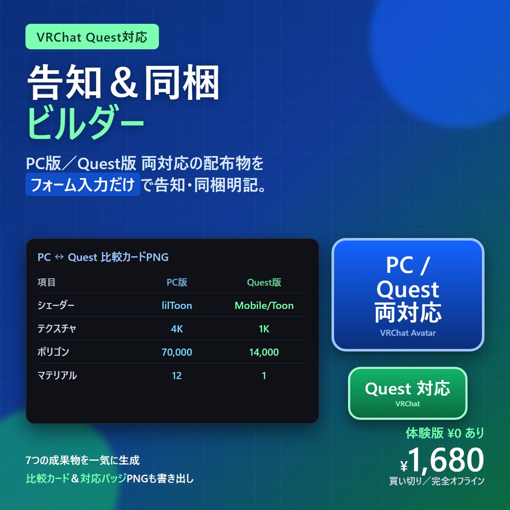 VRChat Quest対応 告知＆同梱ビルダー｜対応表・性能の明記・PC↔Quest比較カード／Quest対応バッジPNG生成 完全オフライン